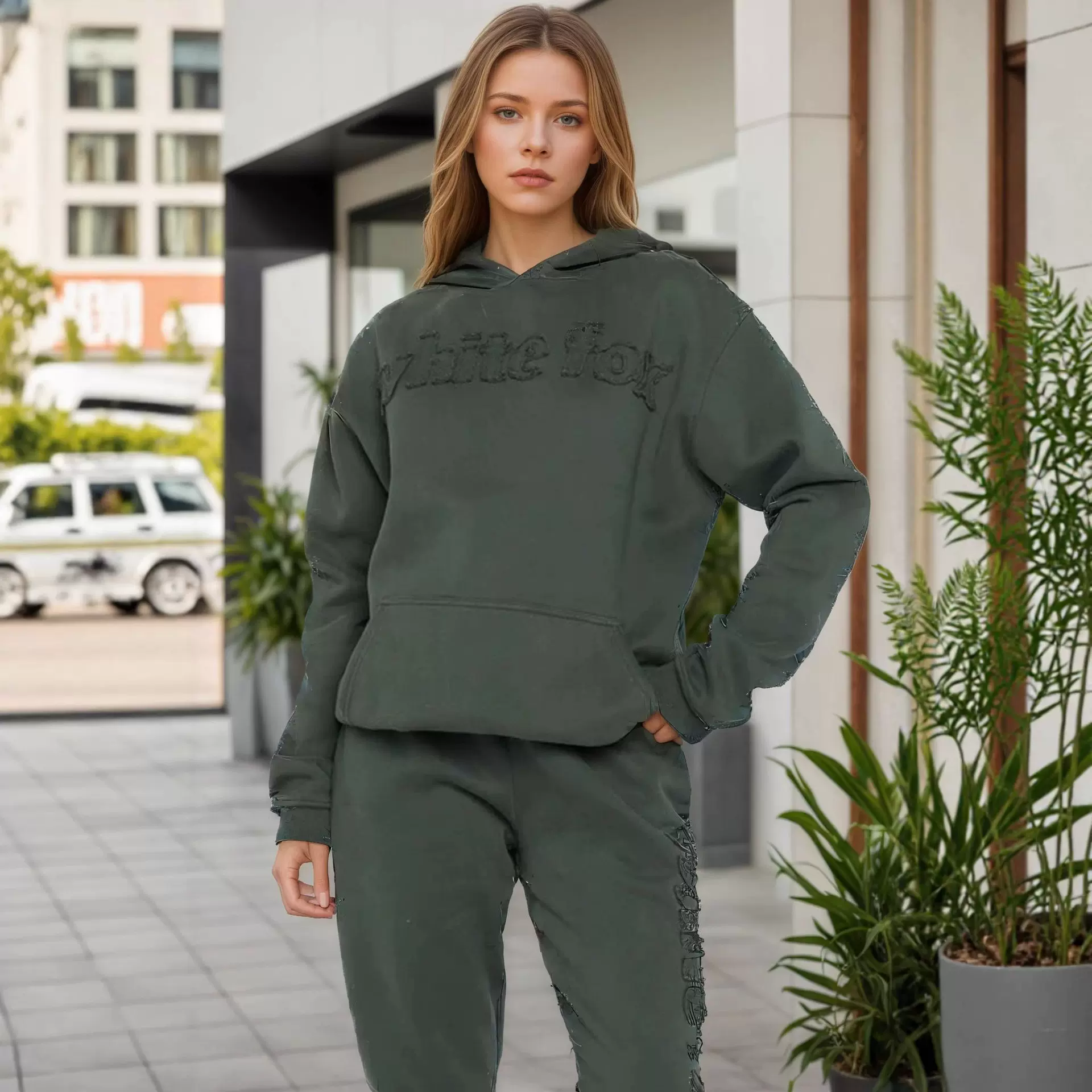 欧美跨境新款抓绒保暖连帽绣花卫衣时尚运动棉混纺长裤两件套女