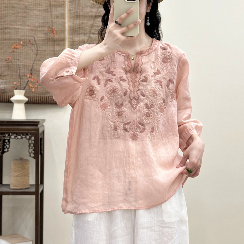 2026 Summer New Style Ramie Embroidered Shirt for Women, Elegant Casual Small V-Neck Mid-Sleeve Pullover T-Shirt Top