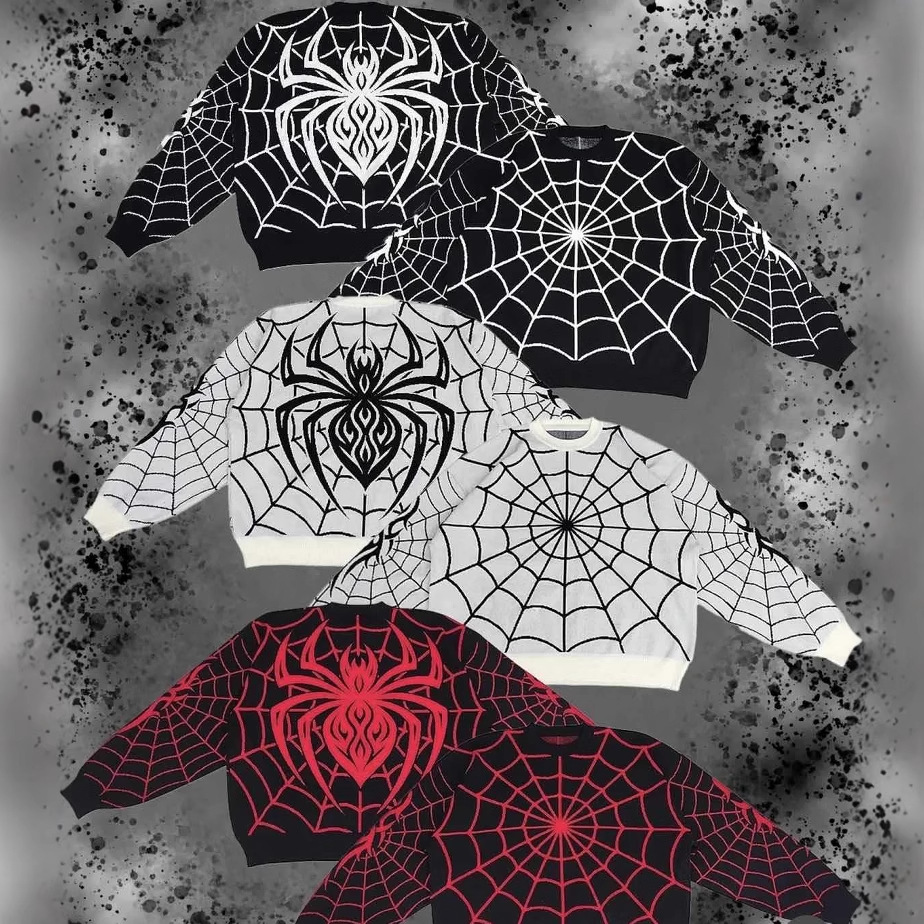 Suéter de Hombre Estilo Gótico Oscuro con Diseño de Telaraña, Estilo Europeo y Americano, Holgado, Cuello Redondo