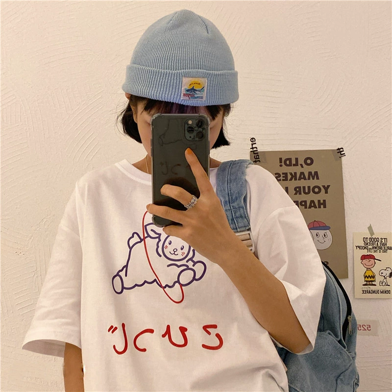 2025 новая летняя корейская версия хлопчатобумажная мультяшная академия стиль повседневная свободная милая футболка с короткими рукавами женская топ