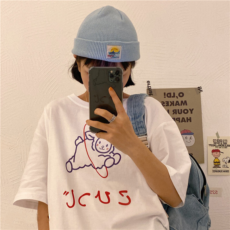 2026 New Summer Korean Style Pure Cotton Cartoon College Style Casual Loose Cute Short-Sleeved T-Shirt Women's Top