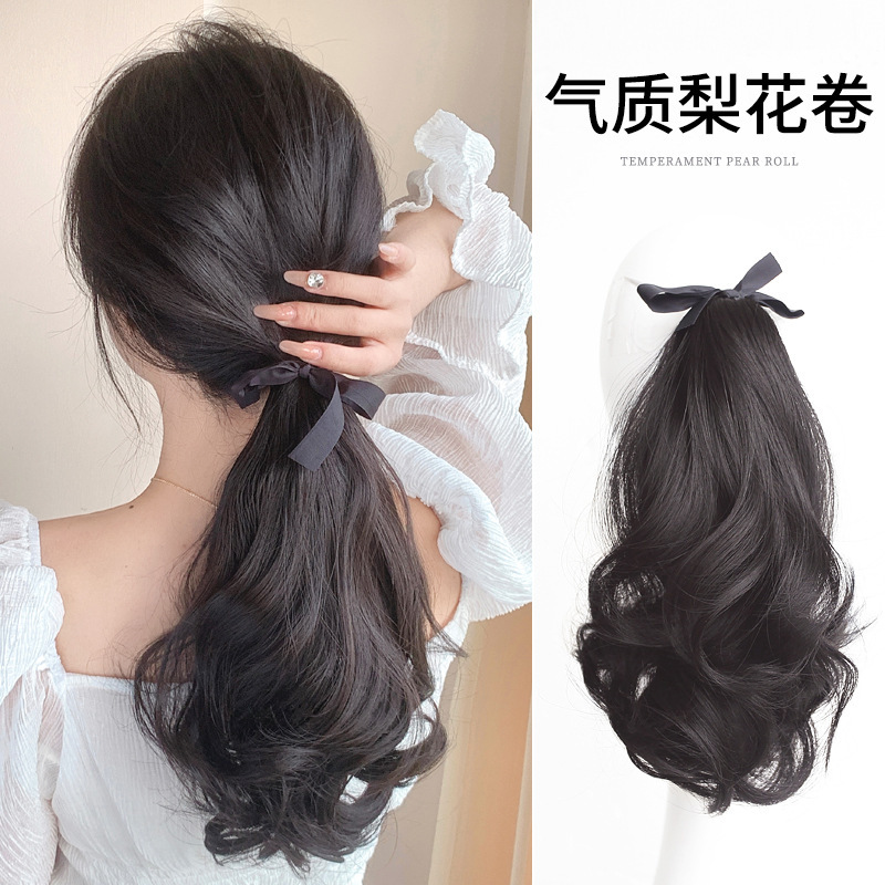 Wig ponytail women's curly hair pear flower perm big wave highlight long hair braid strap wig women's high ponytail