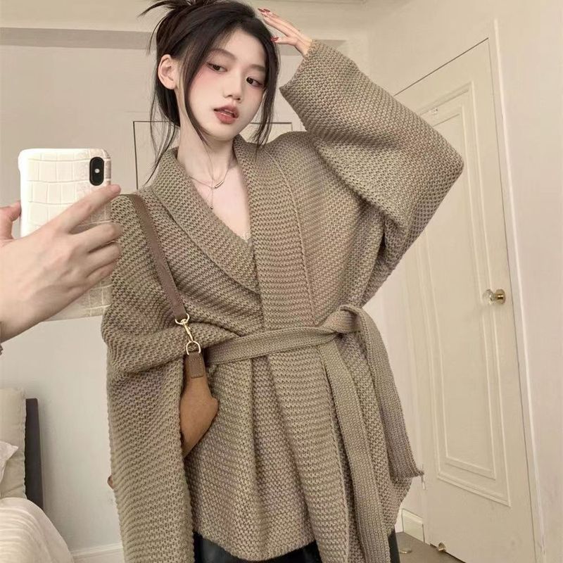 大码法式感V领开衫外套女春秋时尚慵懒风收腰绑带厚实针织衫上衣|undefined