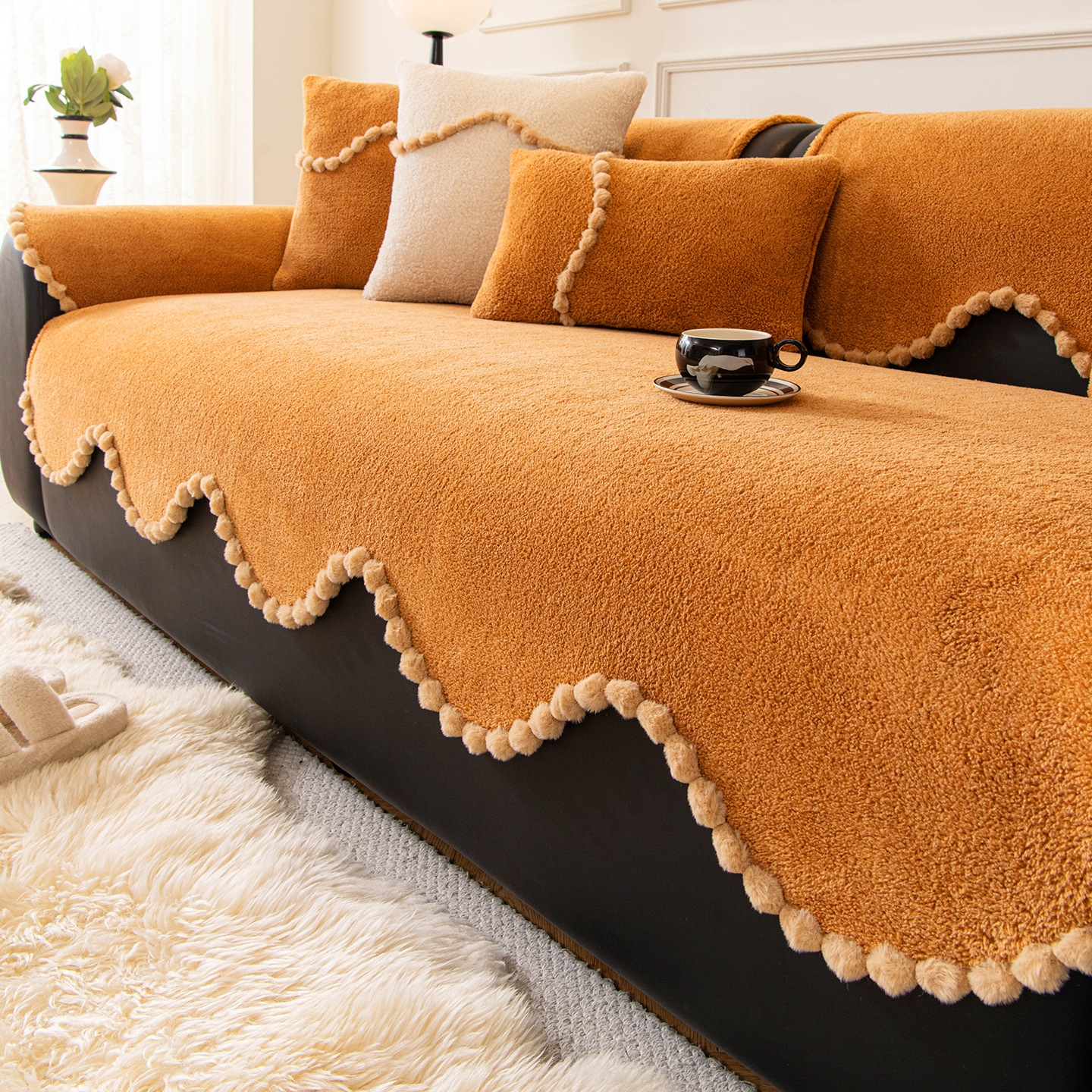 Invierno de cordero de alta sensación 2025 nuevo antideslizante engrosado peluche línea recta cojín de sofá de piel cubierta