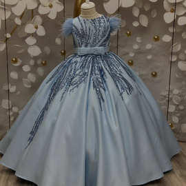 花童礼服儿童公主裙2026新款女童蓬蓬纱婚纱生日蓝色钢琴演出服女