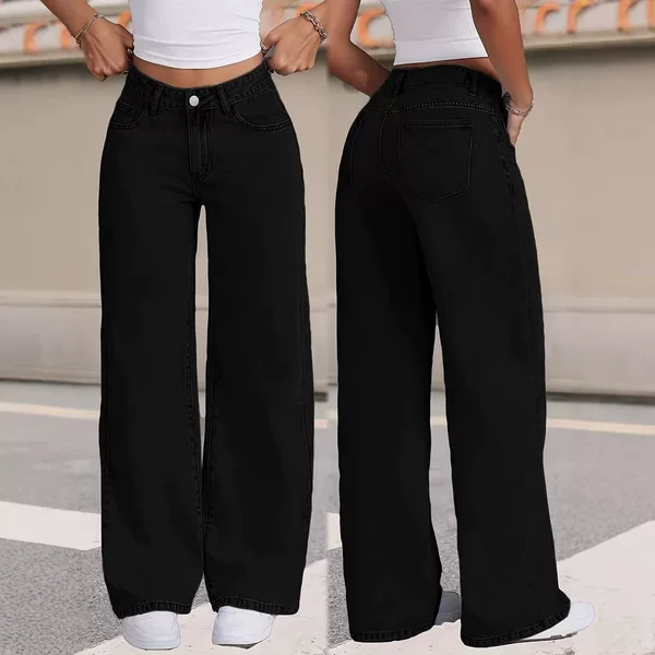 High-Waisted Loose Wide-Leg Pants with a Draped Effect, Floor-Length Black Straight-Leg Jeans for Women