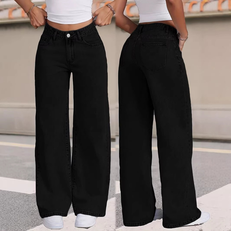 High-Waisted Loose Wide-Leg Pants with a Draped Effect, Floor-Length Black Straight-Leg Jeans for Women High-Waisted Loose Wide-Leg Pants with a Draped Effect, Floor-Length Black Straight-Leg Jeans for Women