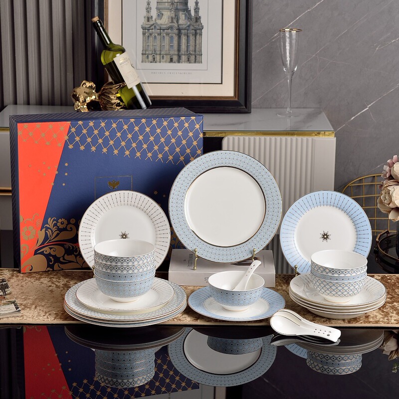 European-Style Light Luxury Minimalist Seven-Pointed Star Series 24-Piece Tableware Set with Western Plates, Soup Bowls, Soup Plates, Bowls, and Spoons for Home Use and Housewarming Gifts