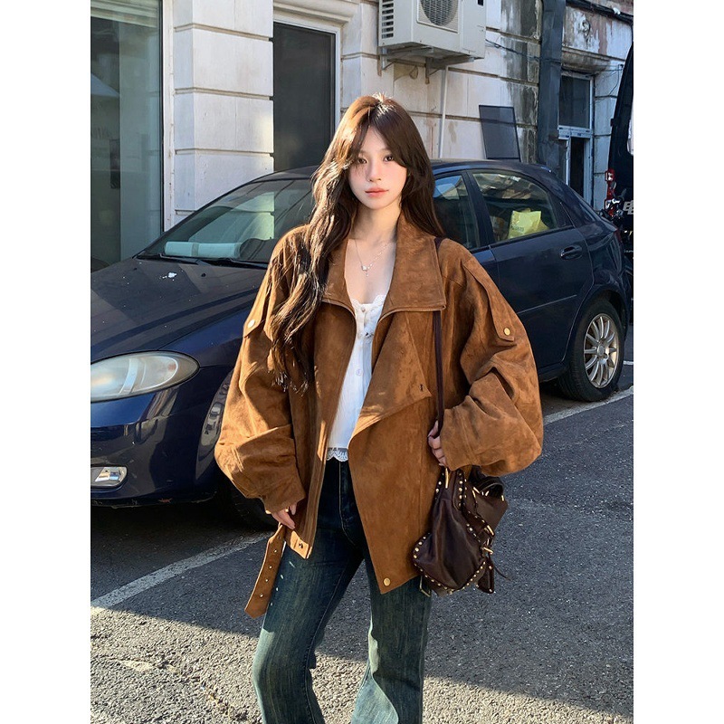 麂皮绒机车外套2025秋季复古美拉德休闲宽松慵懒翻领廓形感夹克女|undefined
