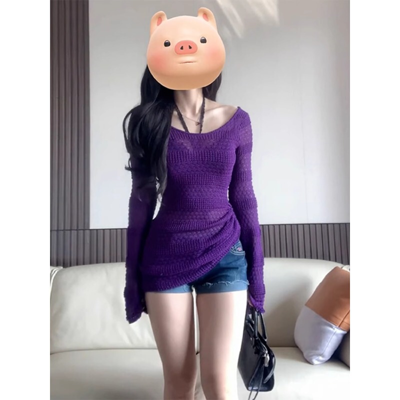 紫のラッパの長袖の透かしのエアコンのニットのブラウスの女性の夏の純欲のギャルの外は薄い肩の日焼け止めの上着を掛けます。|undefined