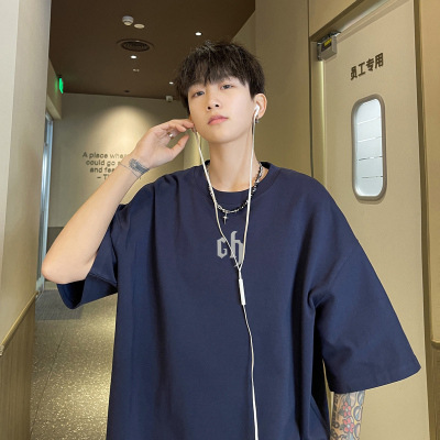 Marca de moda Otoño hombres de manga corta Camiseta de algodón de los hombres cuello redondo más tamaño de grasa suelta de manga corta azul oscuro 5 image 21