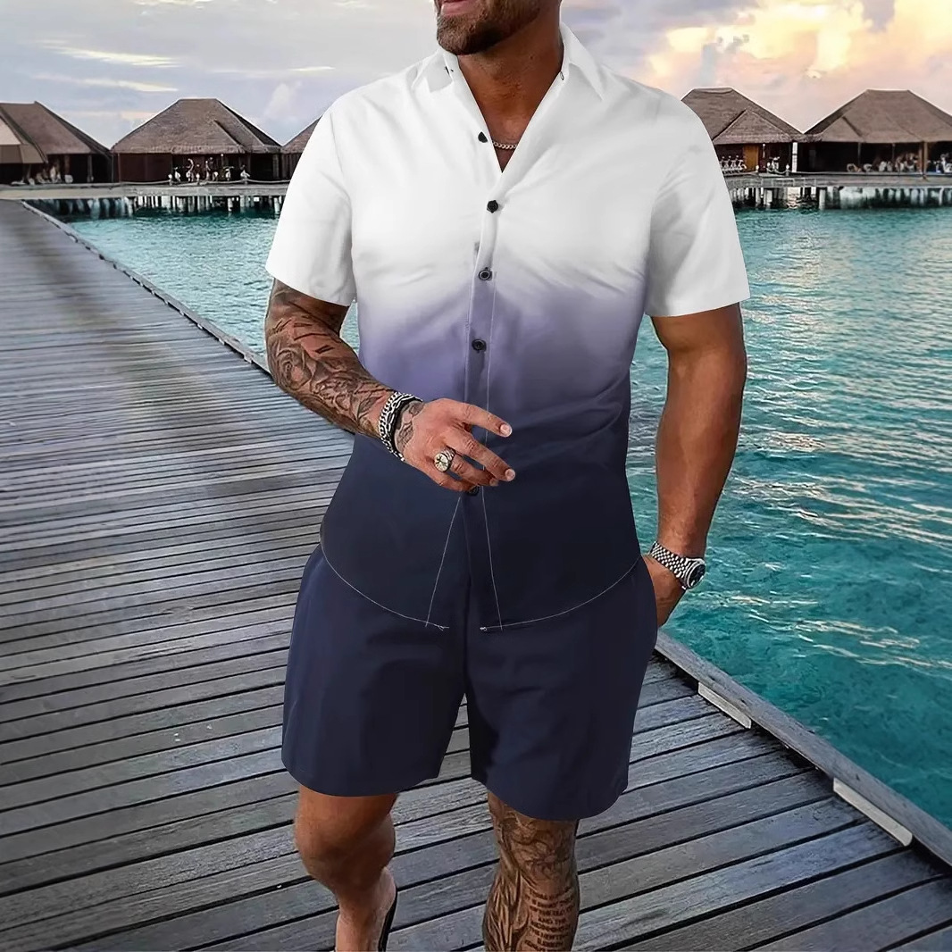 2024 nuevos productos europeos transfronterizos de Amazon, camisa de manga corta con costuras de gradiente estadounidense, traje de pantalones cortos MB1 MA1