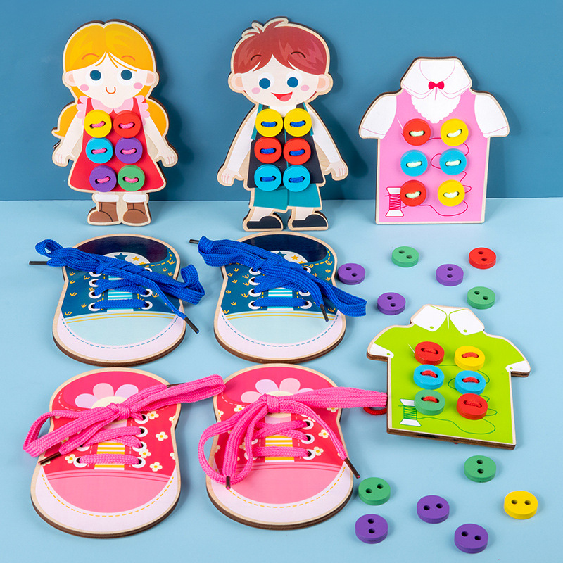 Juego de cuerda educativo para niños Ropa de madera Botón Corbata Cordón Bebé Ejercicio de educación temprana con manos en el cerebro Juguetes