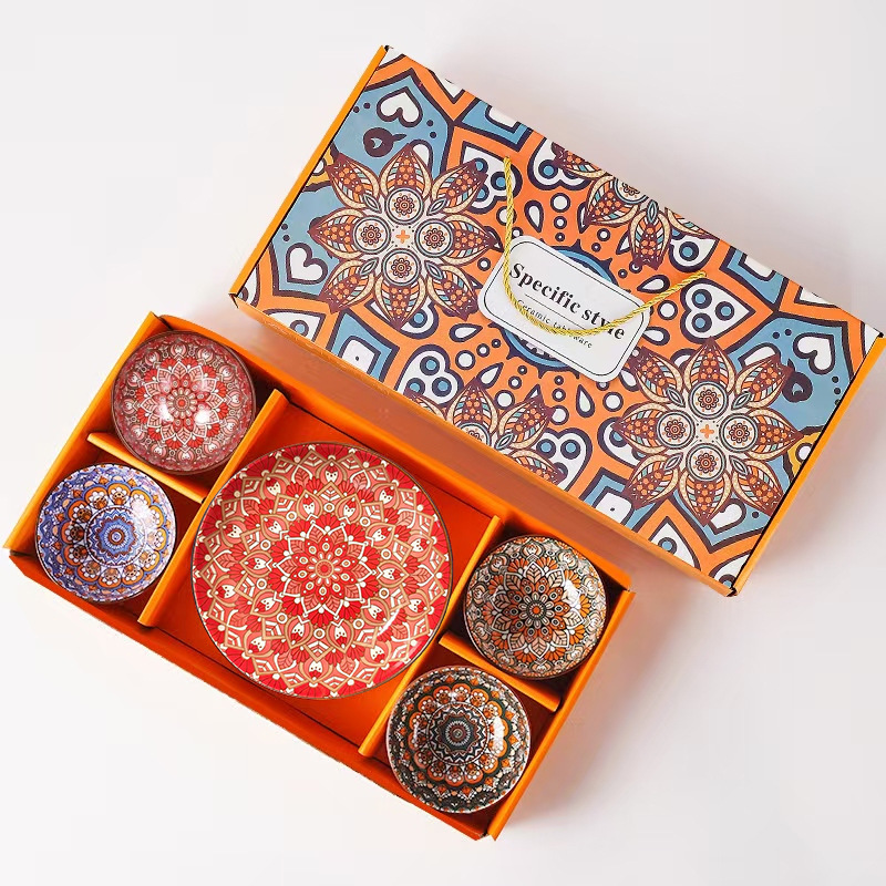 보헤미안 4인 식기 세트 (볼 4개 + 레드 접시 1개) - 선물 포장