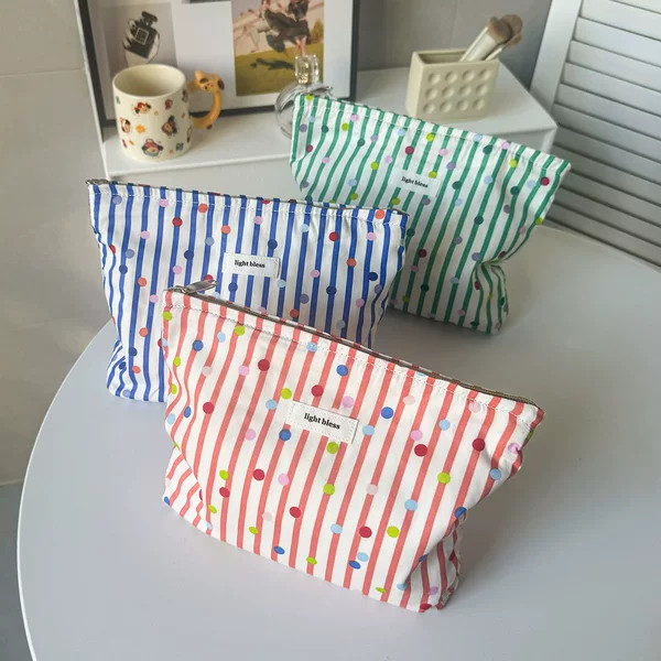 Colorful striped makeup bag, skincare cotton storage bag, travel portable large-capacity storage bag with canvas lining and print