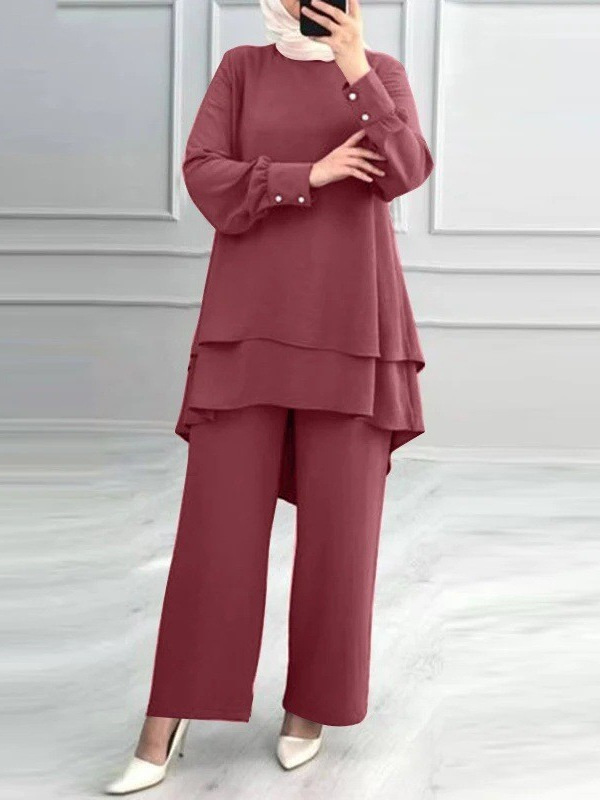 In-Stock H731 New Women's Outfit: Solid Color Double-Layer Top, Fashionable and Elegant Loose Wide-Leg Pants Set In-Stock H731 New Women's Outfit: Solid Color Double-Layer Top, Fashionable and Elegant Loose Wide-Leg Pants Set