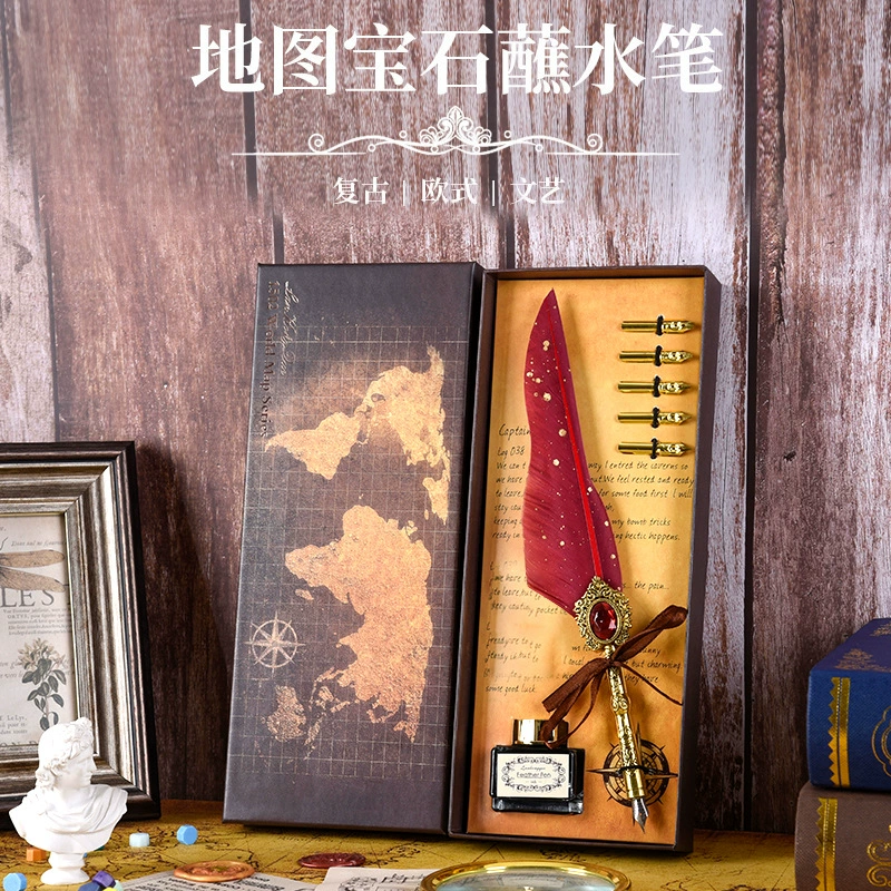 蓝孔雀 Retro writing brush, gift box, set, pen, with gem, Birthday gift