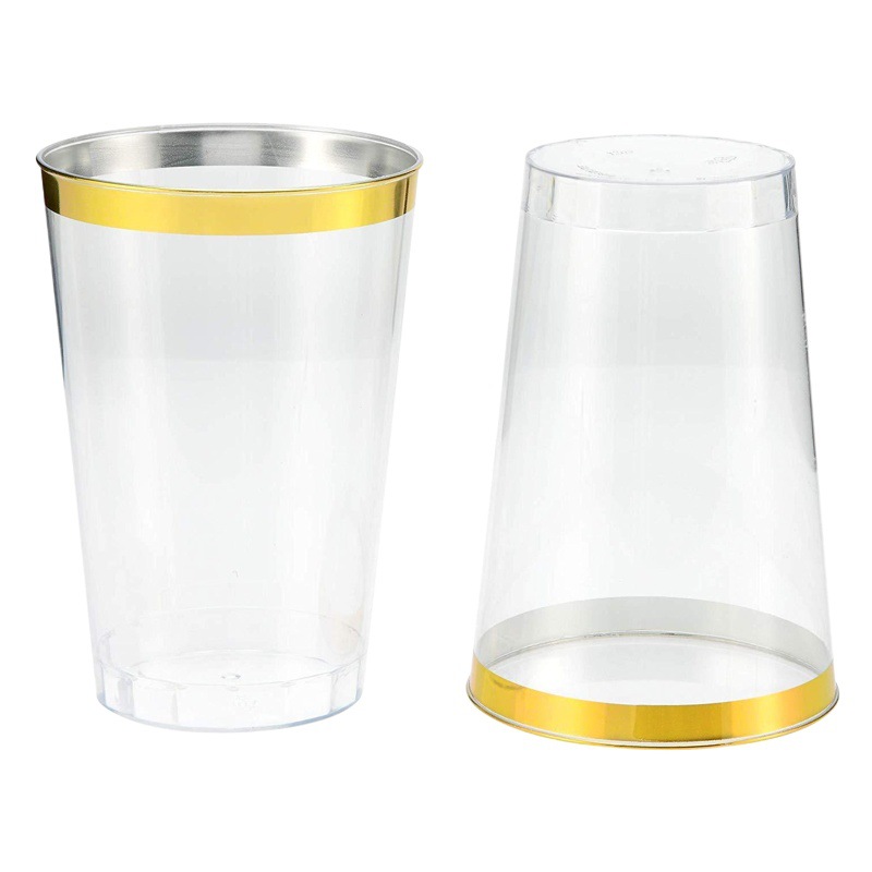 12oz taza desechable de borde dorado PS Inyección transparente taza de plástico duro restaurante mesa de vino taza de bebidas
