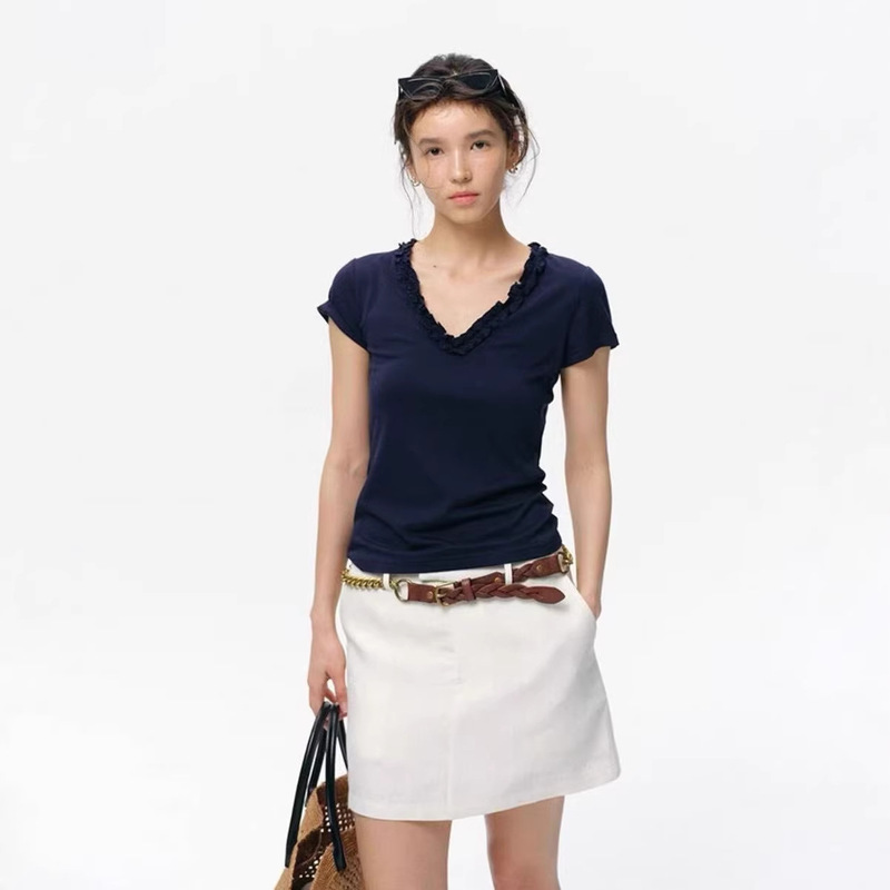 No Returns or Exchanges) Kaiyu Shangchun Cotton Spicy Girl Style V-Neck Short-Sleeve T-Shirt with Slightly See-Through Slim Fit Top