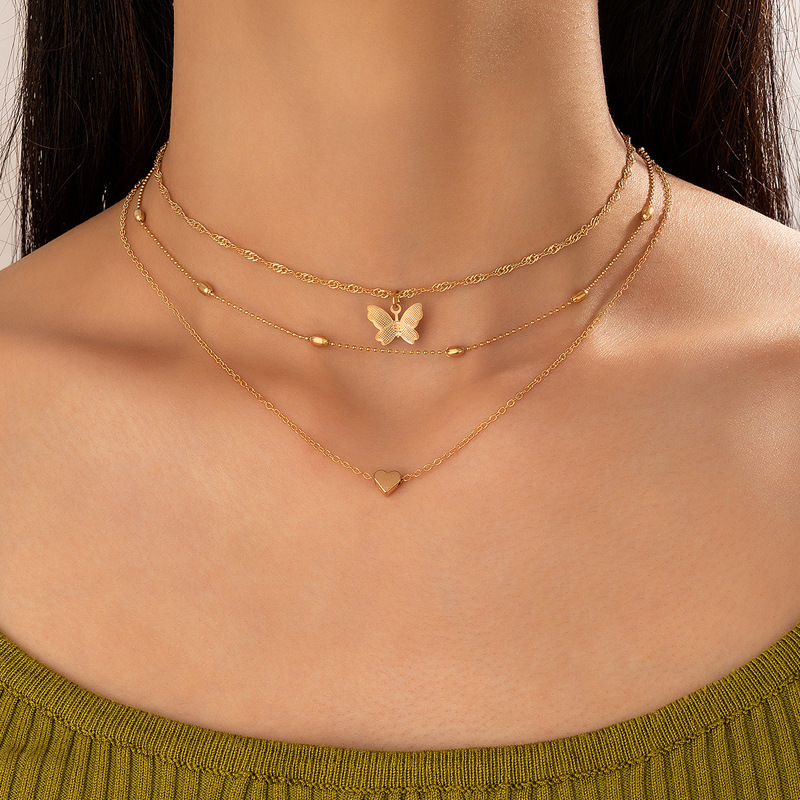 Holiday, Daily Occasion Basic Modern Style Classic Style Heart Shape Butterfly Alloy Wholesale Three Layer Necklace