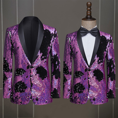 Purple Sequined jazz dance jacket male singer stage show dress suit host sequins trend wedding party stage performance groomsman blazers