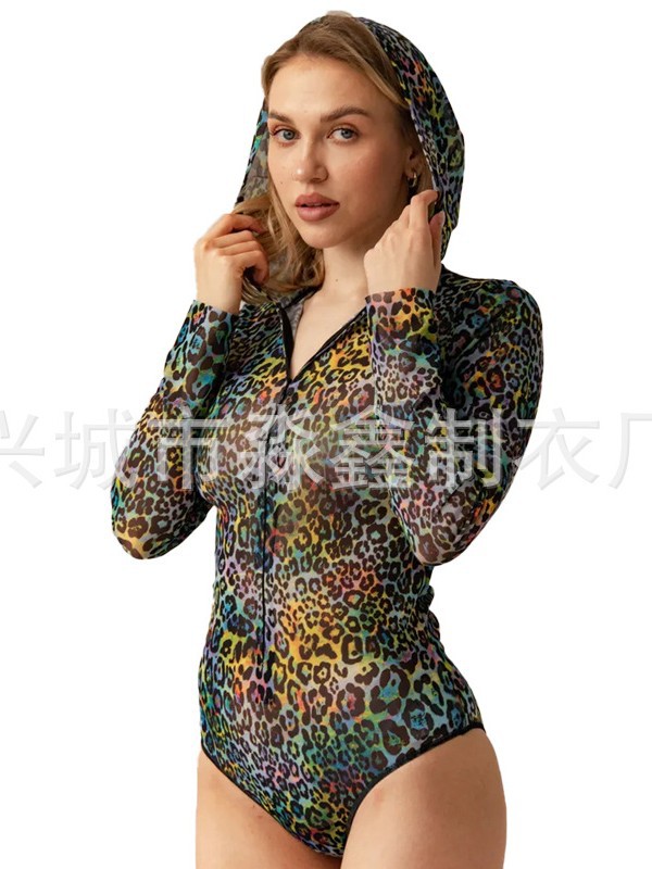 Europa y los Estados Unidos de mangas largas leopardo trajes de baño unidos para mujeres protección solar ropa de baño apretada de secado rápido nuevo trajes de impresión transfronterizos image 5