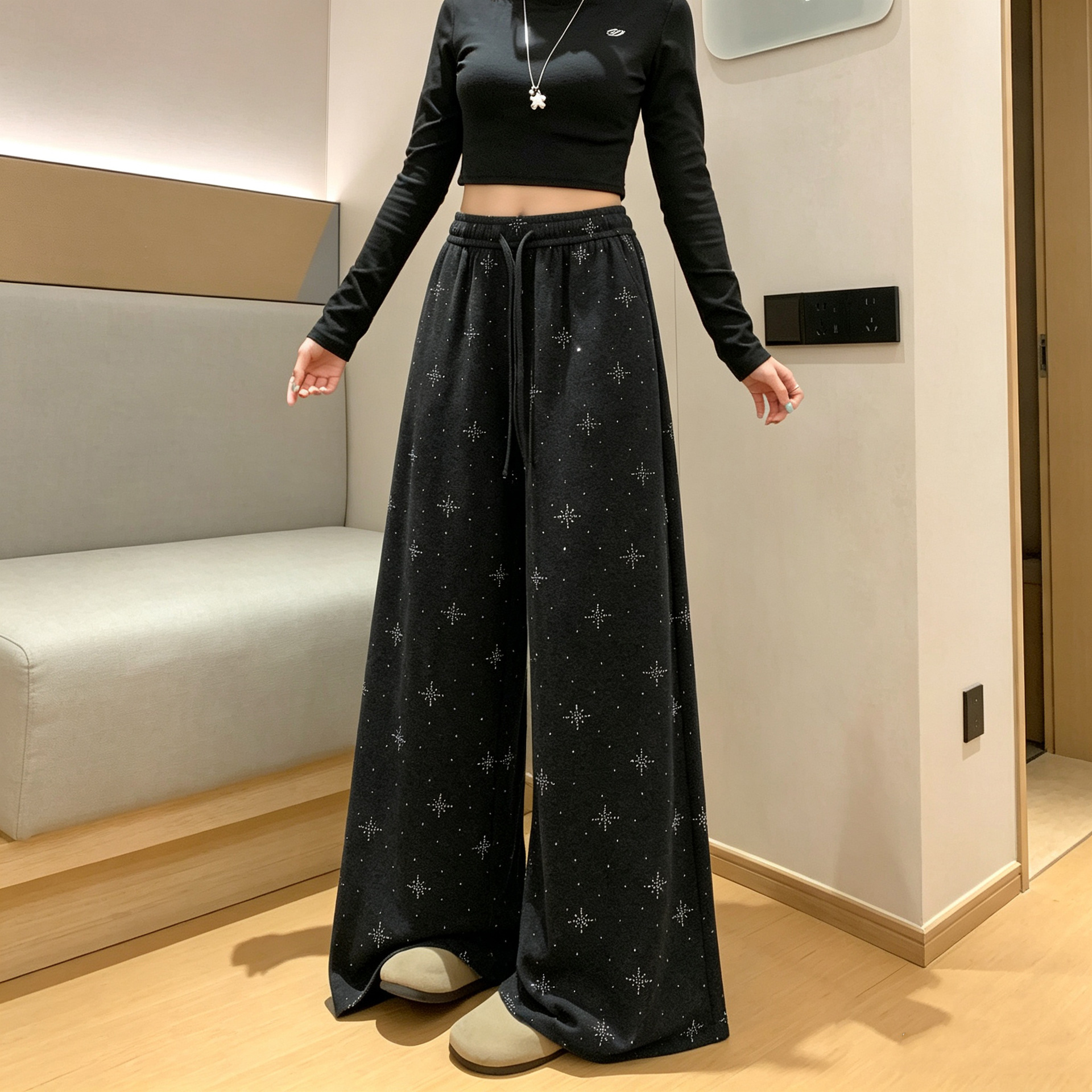 亮片烫钻弯刀裤女秋冬阔腿裤2026新款高腰宽松直筒休闲裤长裤垂感