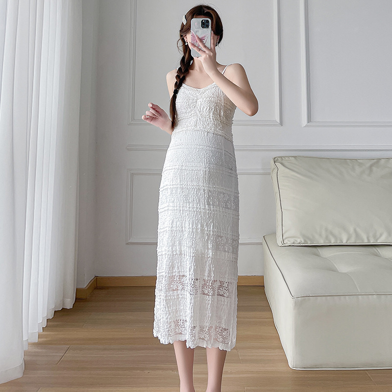 Real shot spot 2025 nueva ropa de maternidad verano chaleco de mezclilla de hombro recto falda con tirantes de encaje traje de dos piezas