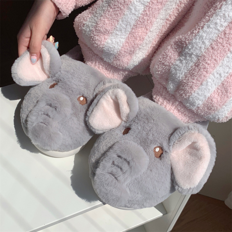 細い条のかわいい立体象の綿のスリッパの女性の冬の保温の包みとぬいぐるみの月子の靴と毛の靴|undefined