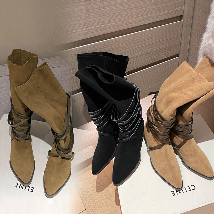 Belt pointy toe, denim high boots