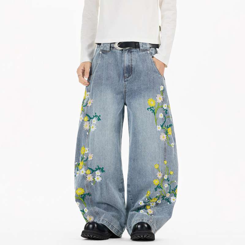 Floral Embroidery Loose Straight-Leg Jeans for Men and Women, American Style Trendy Casual Lazy Style Drapey Wide-Leg Curved Pants Floral Embroidery Loose Straight-Leg Jeans for Men and Women, American Style Trendy Casual Lazy Style Drapey Wide-Leg Curved Pants