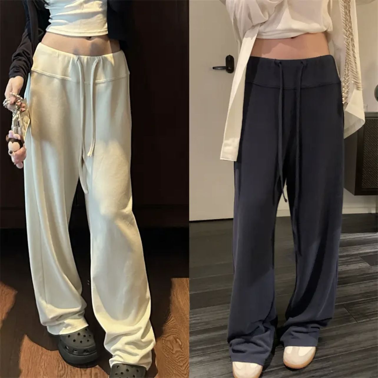 夏季新款糯叽叽垂感显瘦休闲裤韩版抽绳长裤直筒裤潮流女
