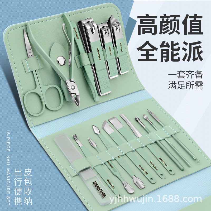 Fabricante en stock bolso plegable verde cortauñas de acero inoxidable traje cortauñas herramientas de manicura