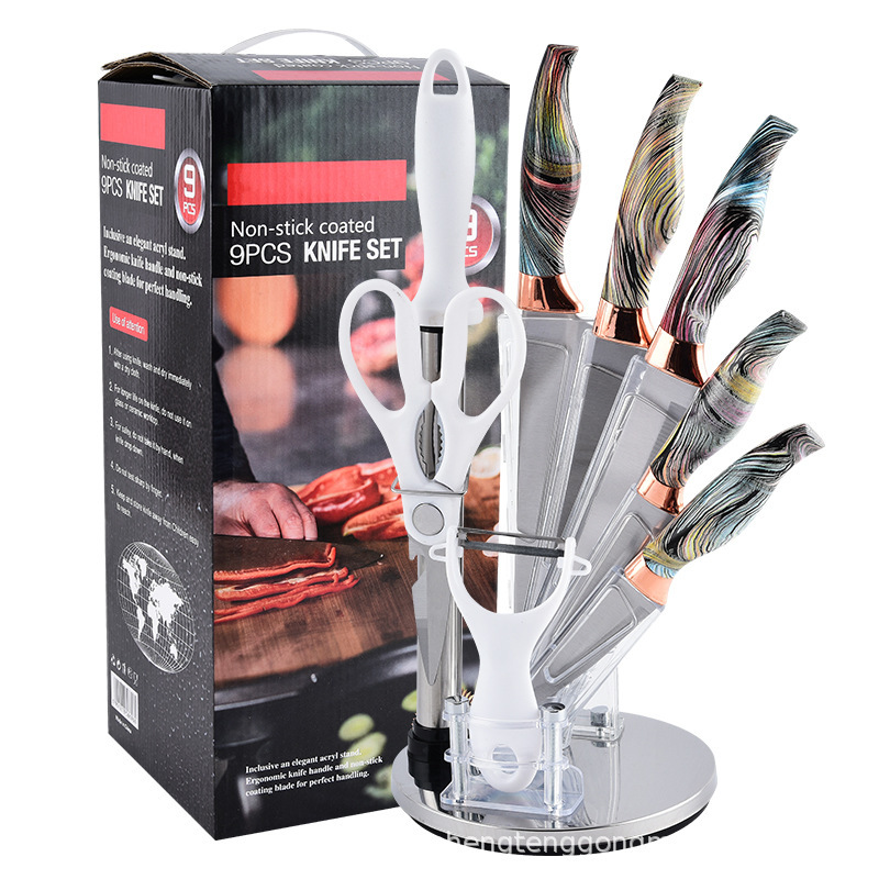 Fabricantes de cuchillos de cocina al por mayor juego de 9 piezas mango de sirena con soporte de cuchillo acrílico utensilios de cocina de acero inoxidable juego de regalo