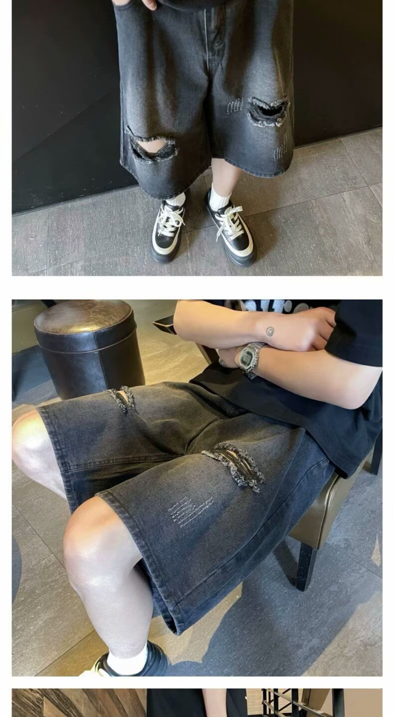 Men's Clothing Men's Trendy Casual Ripped Wide Leg Capri Pants High Street Washed Distressed Denim Shorts Summer Style_viptrois.com