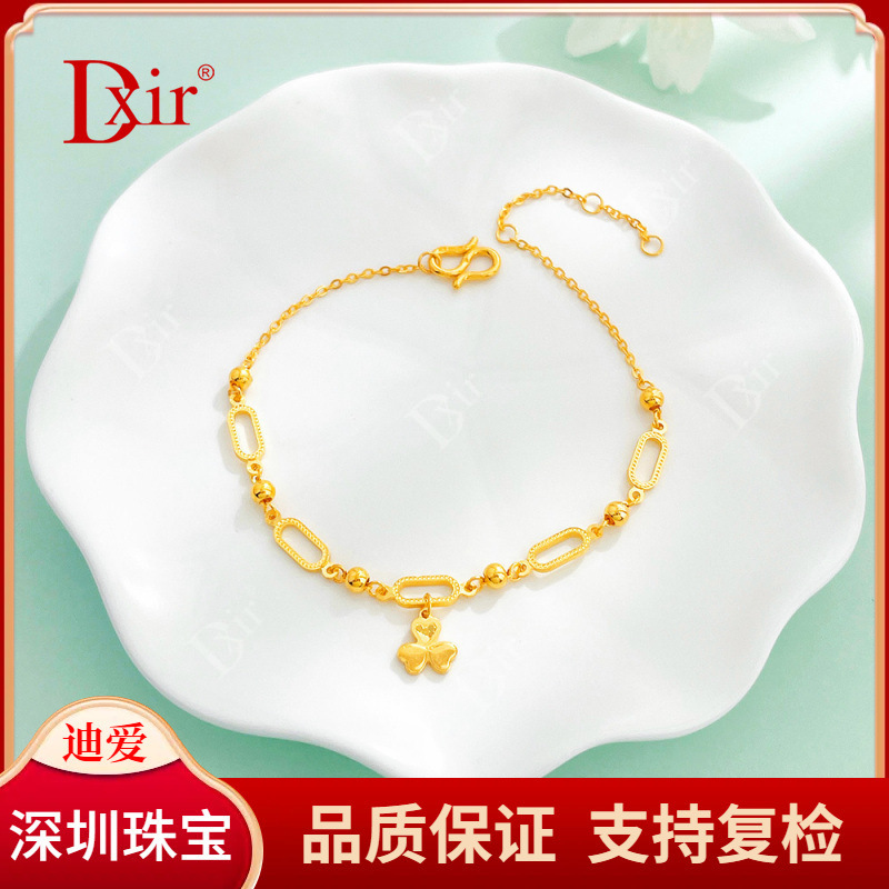 Niche design 999.99 pure gold solid adjustable CNC craft lucky clover bracelet