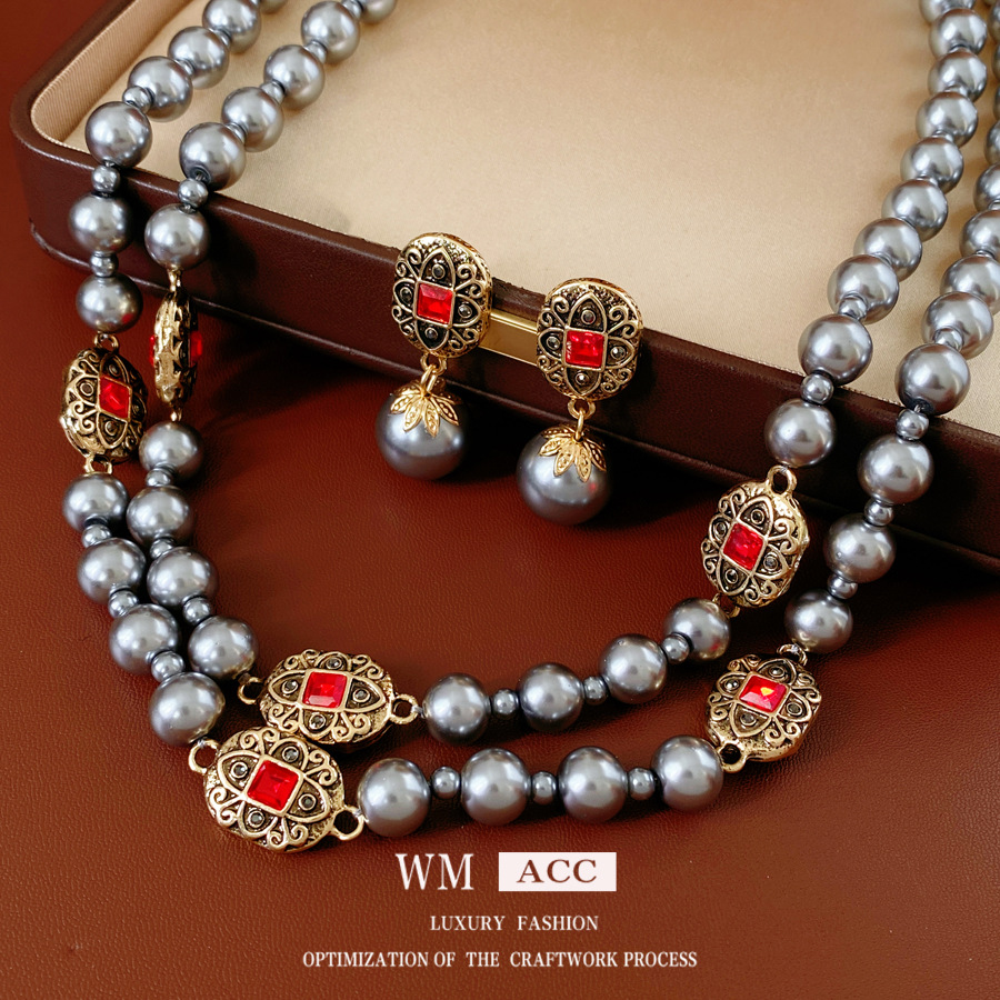 Medieval vintage elíptico con diamantes de doble capa collar de perlas cadena de suéter retro lujo ligero conjunto de joyas de alta calidad