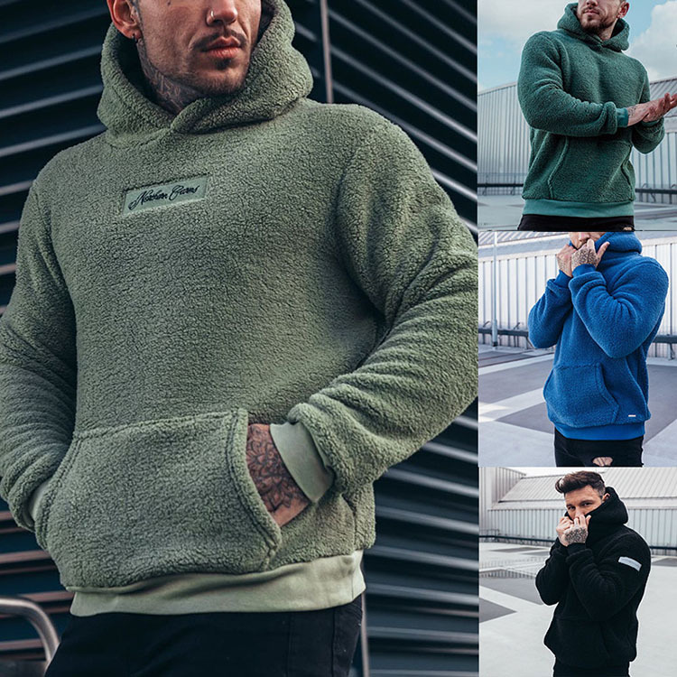 Plush Fleece Hoodie For Man Autumn Hoodie Fuzzy Sweatshirt Solid Color Letter Long Sleeve Pockets Tracksuit Korean Style Moletom_voghion.com