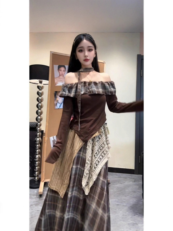 法式复古风一字肩衬衫女秋冬荷叶边不规则别致小众设计感轻奢上衣|undefined