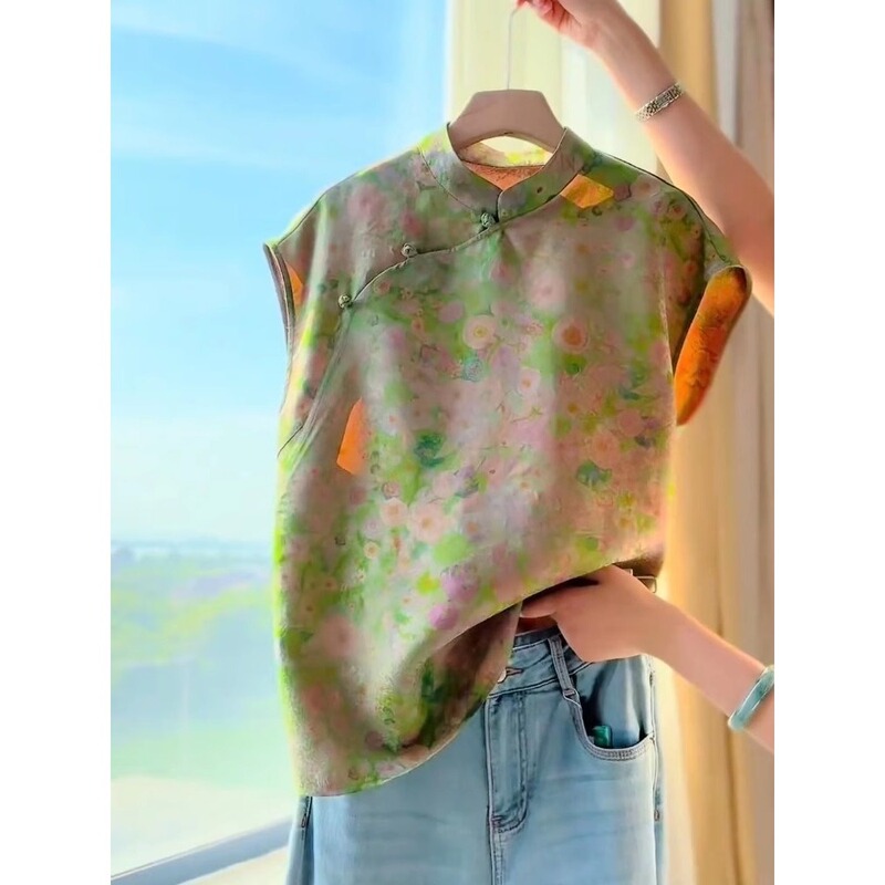 New Chinese Style National Style Green Printed Oblique Lapel Elegant Summer Women's Shirt Foreign Style Retro Zen Top A4227