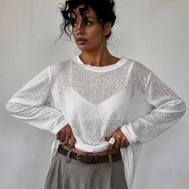 Long-sleeve white summer top, thin semi-sheer oversize style