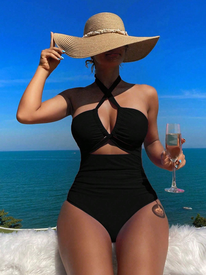 Trajes de baño de mujer Europa y América de cintura alta de color sólido una sola pieza sexy trasera de comercio exterior nuevo trajes de baño transfronterizos fábrica al por mayor