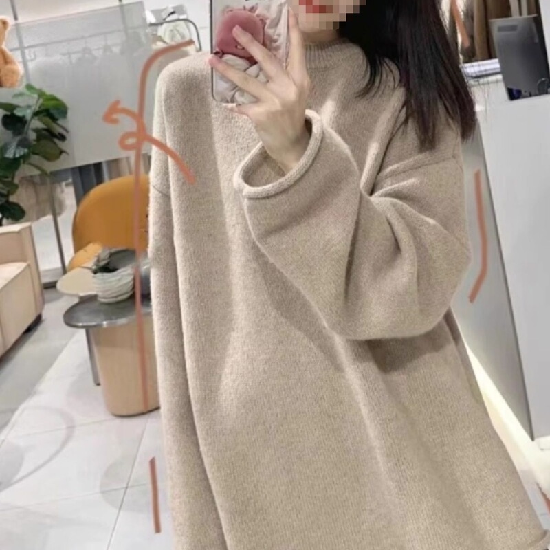Autumn and Winter Round Neck Cashmere Sweater for Women, Thickeneded Loose Lazy Style Sweater, Mid-Length Butt-Covering Wool Knitted Bottoming Sweater