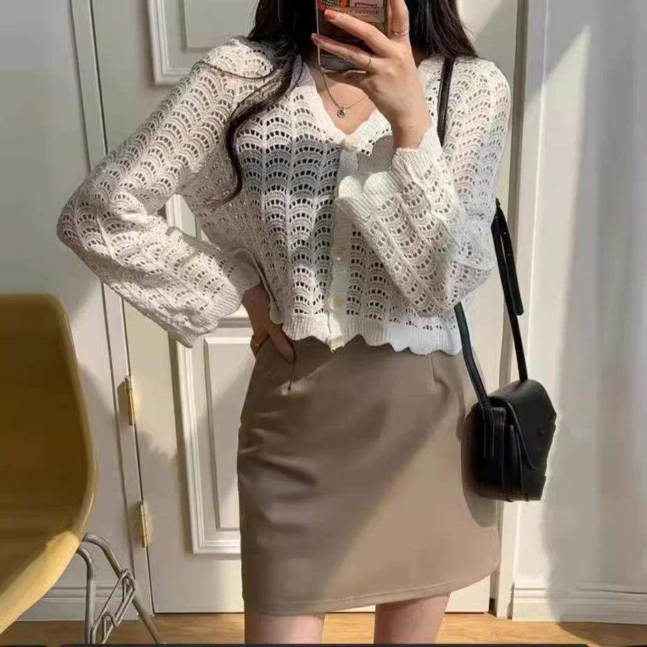 Spring thin knitted cardigan, megaphone, solid short long-sleeve for leisure