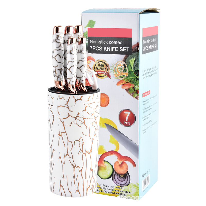 Acero inoxidable transfronterizo doble cabeza galvanizada de mármol mango redondo asiento con melón planado conjunto de utensilios de cocina