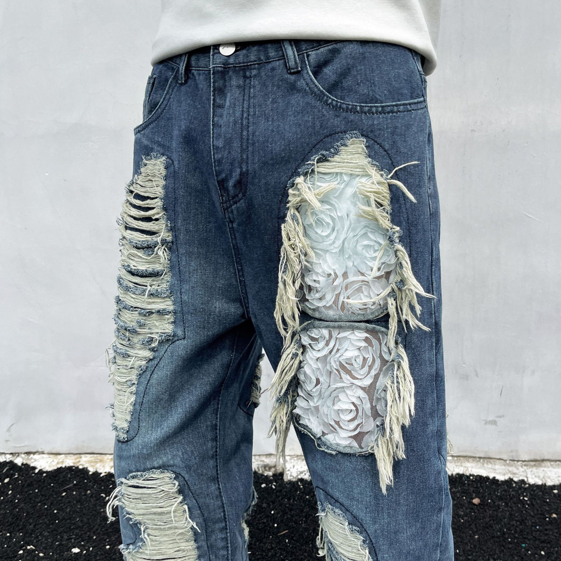 Tie-Dye Ripped Jeans For Men And Women American High Street Vintage Washed Slim Fit Flared Pants_mkmklike.com