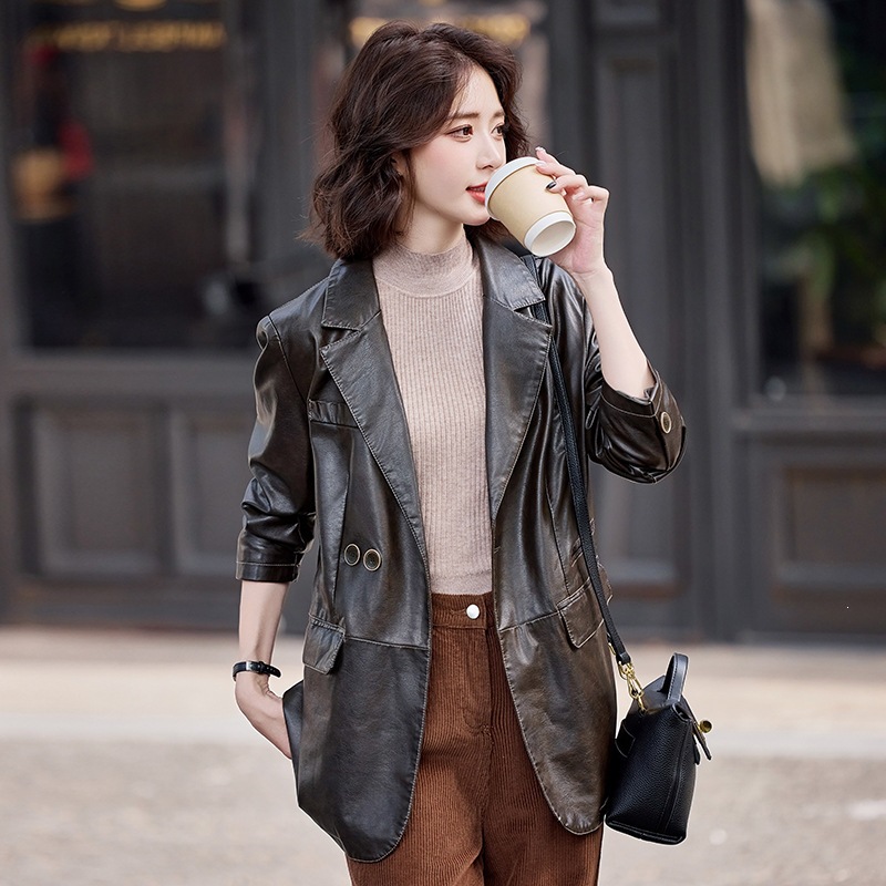 Haining Leather Jacket for Women 2026 New Spring and Autumn Style Sheepskin Mid-Length Loose Suit Jacket for Women