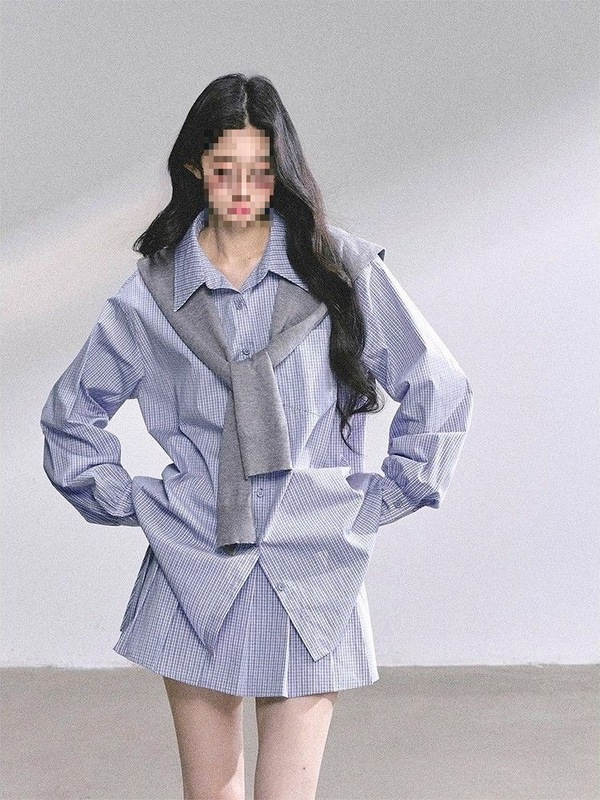 菲尔顿学院 韩系蓝色格子衬衫半裙套装女秋季设计感学院风两件套|undefined