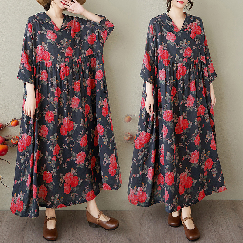 2025 New Summer Cotton and Linen Large Size I Also See Retro Niche Gentle Style Hooded Printed Dress for Women