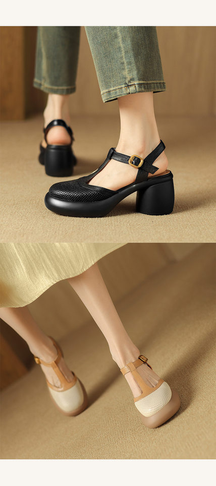 Sandal nữ da cừu đục lỗ bít mũi quai chữ T khóa cài đế dày gót cao — Màu đen chi tiết 10